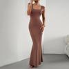 Women's Autumn Slim Fit Sexy Square Neck Knitted Solid Color Slim Fishtail Long Dresses