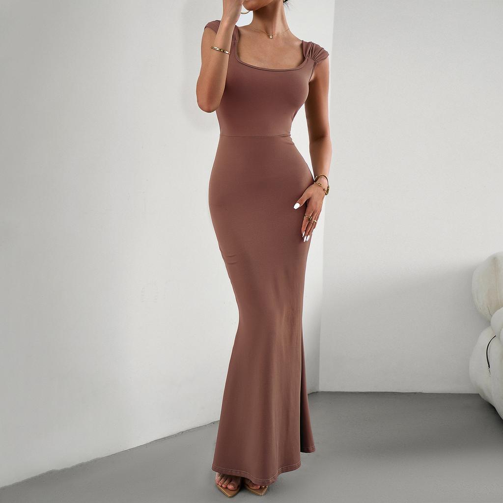 Women's Autumn Slim Fit Sexy Square Neck Knitted Solid Color Slim Fishtail Long Dresses