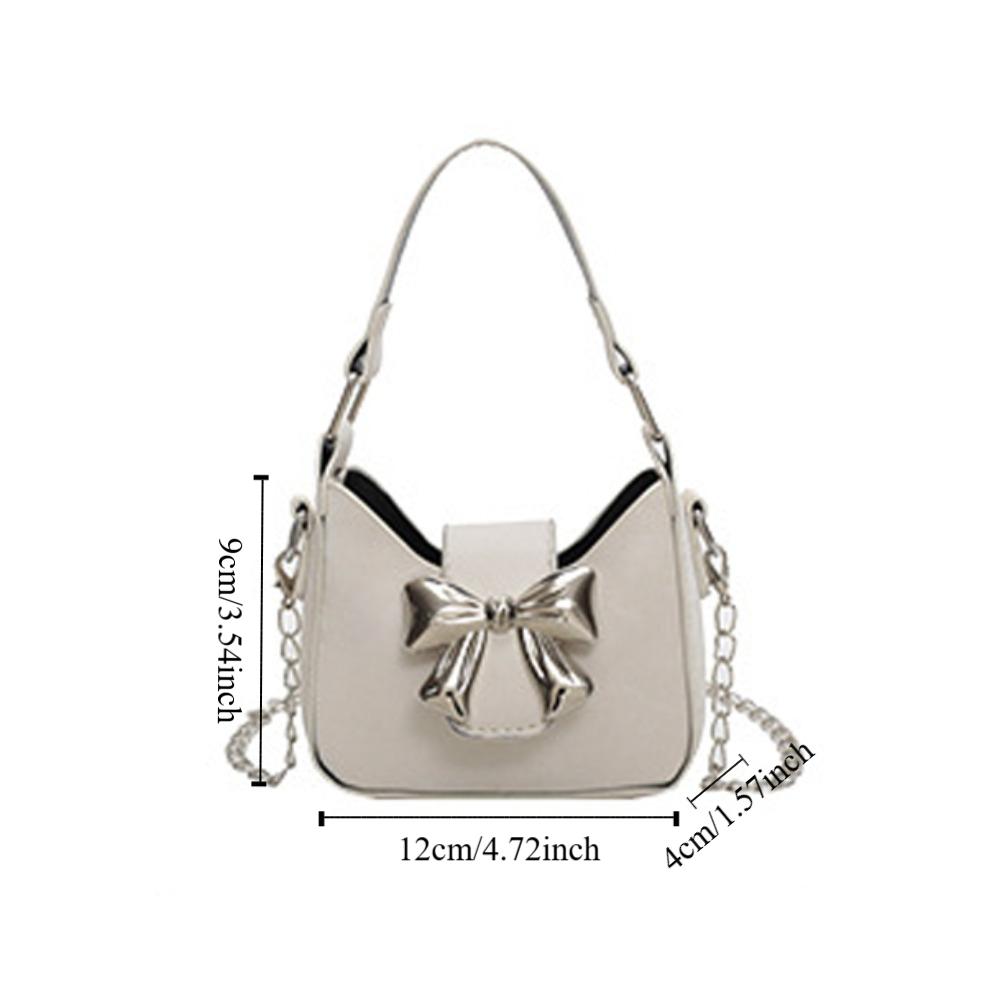 Mini Bow Buckle PU Bag Pu Leather Women's Shoulder Bag Cute Silver Bucket Bag Storage Phone