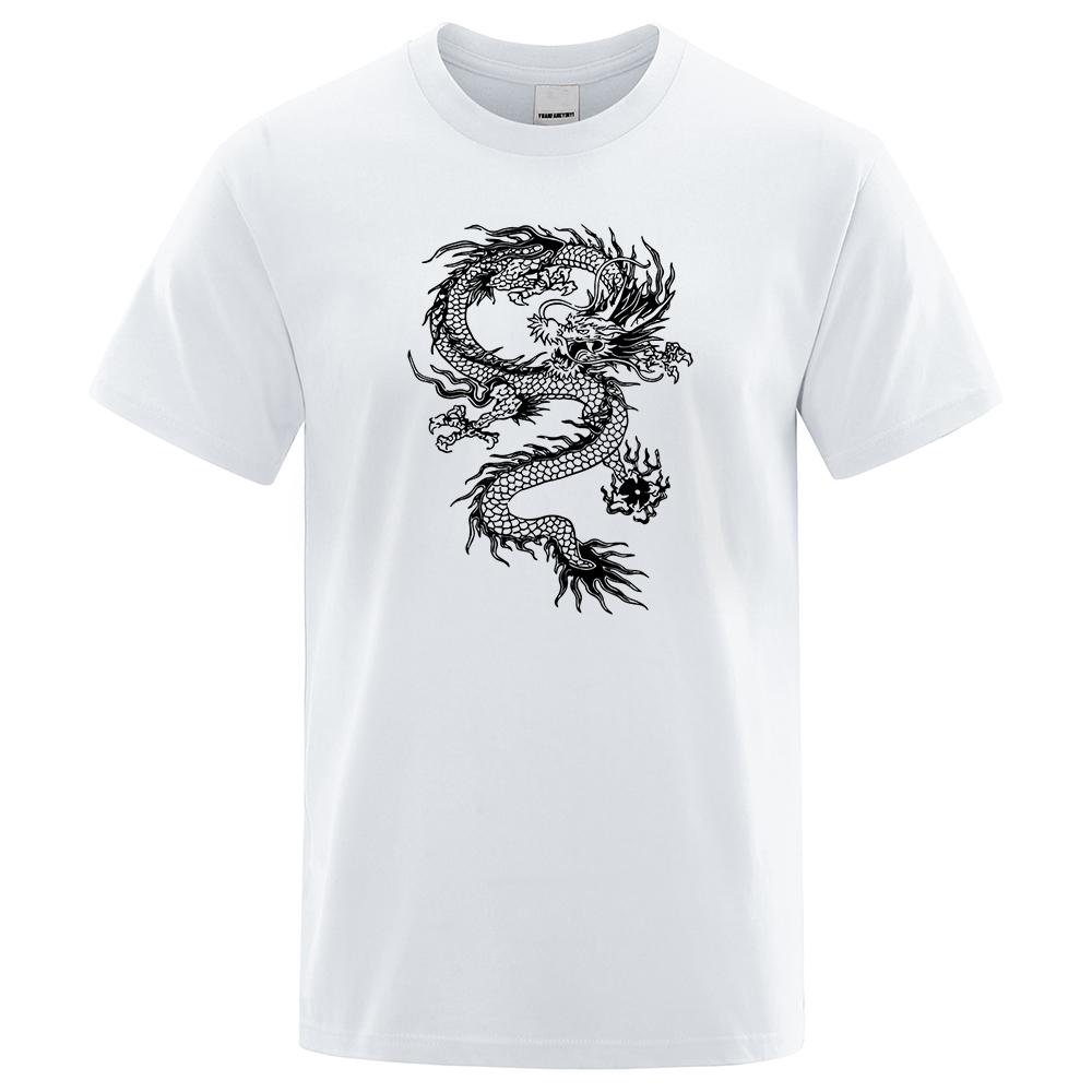 Chinese Style White Dragon Men Tshirts Fashion Breathable T Shirts Loose Cotton Tee Clothing High Quality Brand Male T-Shirt