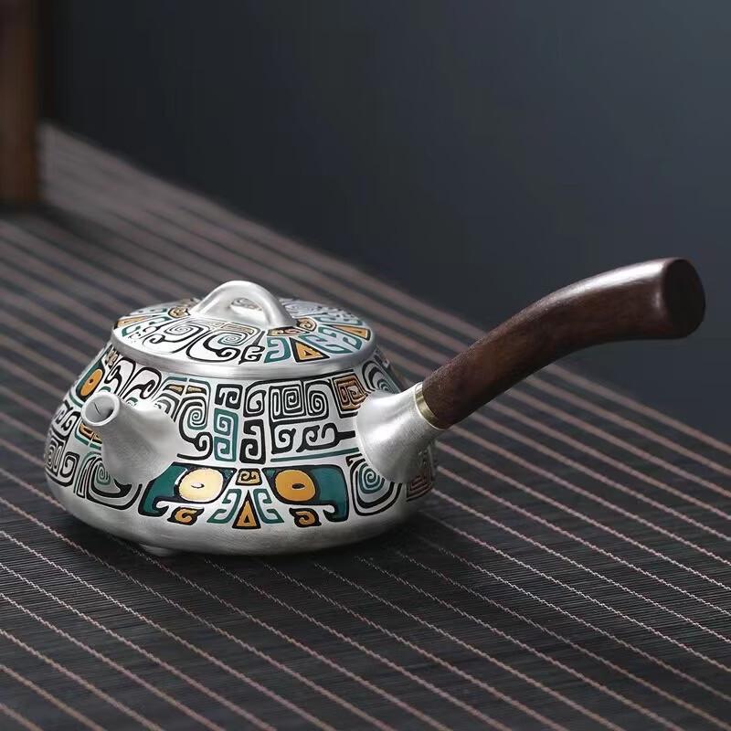 Light Luxury Taotie Silver-Plated Ceramic Side-Handle Teapot