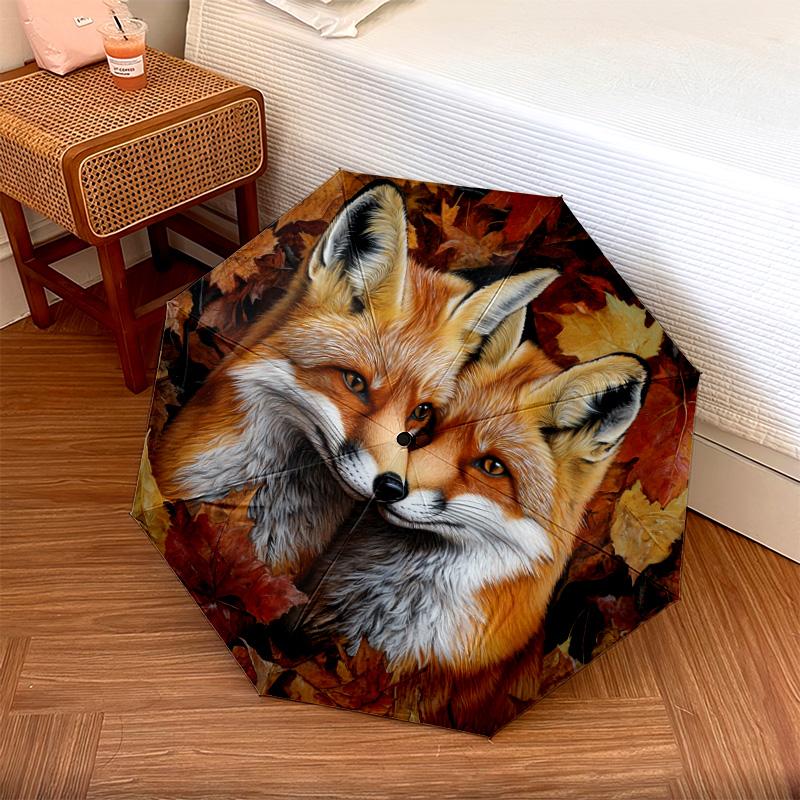 1 Stück Automatischer Faltregenschirm - Herbstfuchs-Muster, Tragbares & Faltbares Design mit 8 Speichen, Weihnachts-Geburtstagsgeschenke