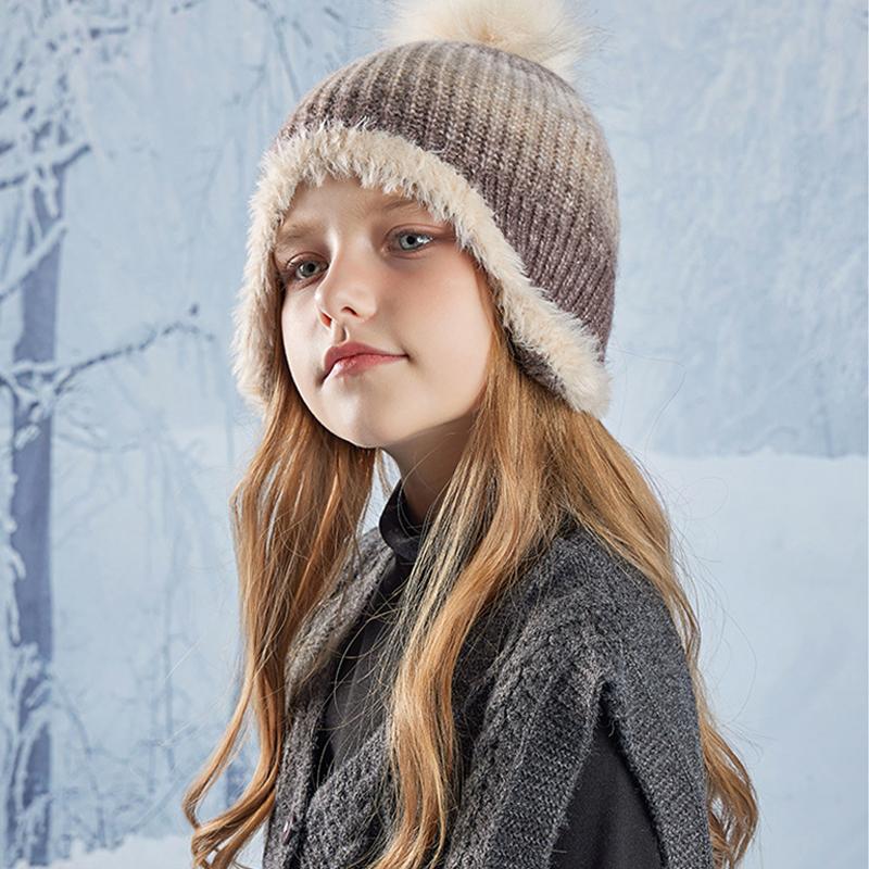 Korean Colorful Kids Hats Cute Fur Ball Knitted Hat Girl's Winter Ear Protection Caps Outdoor Plus Velvet Warm Hoods Accessories