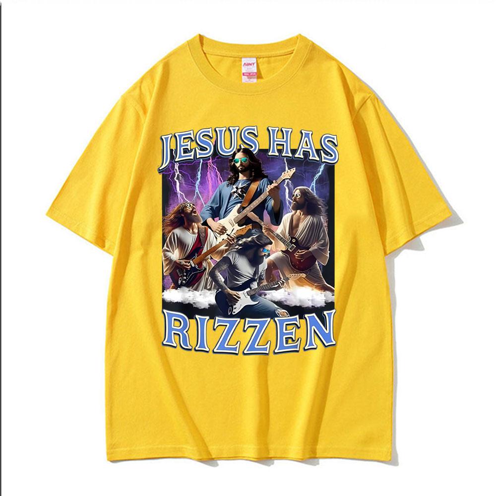 Funny Jesus Has Rizzen Rock Star Tee Shirt Mens Clothing Fashion Gothic Cool T Shirt Unisex High Quality Cotton Summer Tshirts