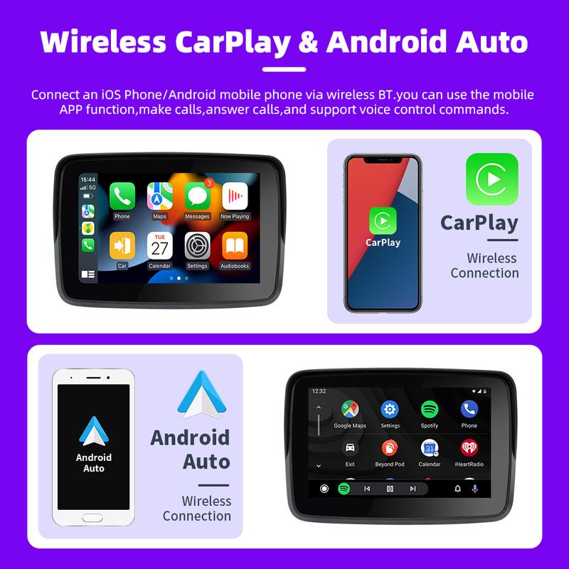 EKIY 5.0 inch Wireless CarPlay Moto Android Auto Portable Digital Motorcycle Dashboard GPS Navigation Display Screen Monitor