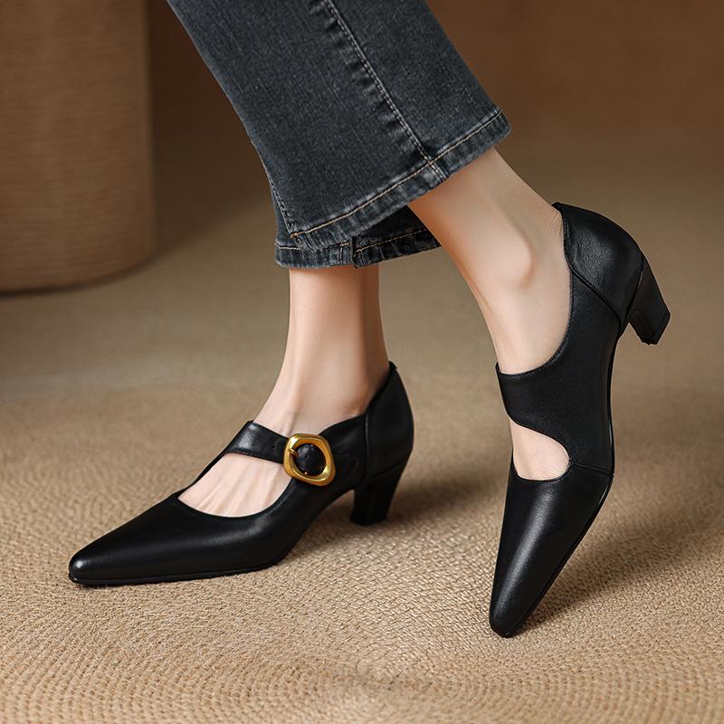 Fashion 2025 New Genuine Leather Women Pumps Shallow Mary Jeans Strap Single Shoes 5cm Square High Heels Black Prom Party Sapatos Mujer