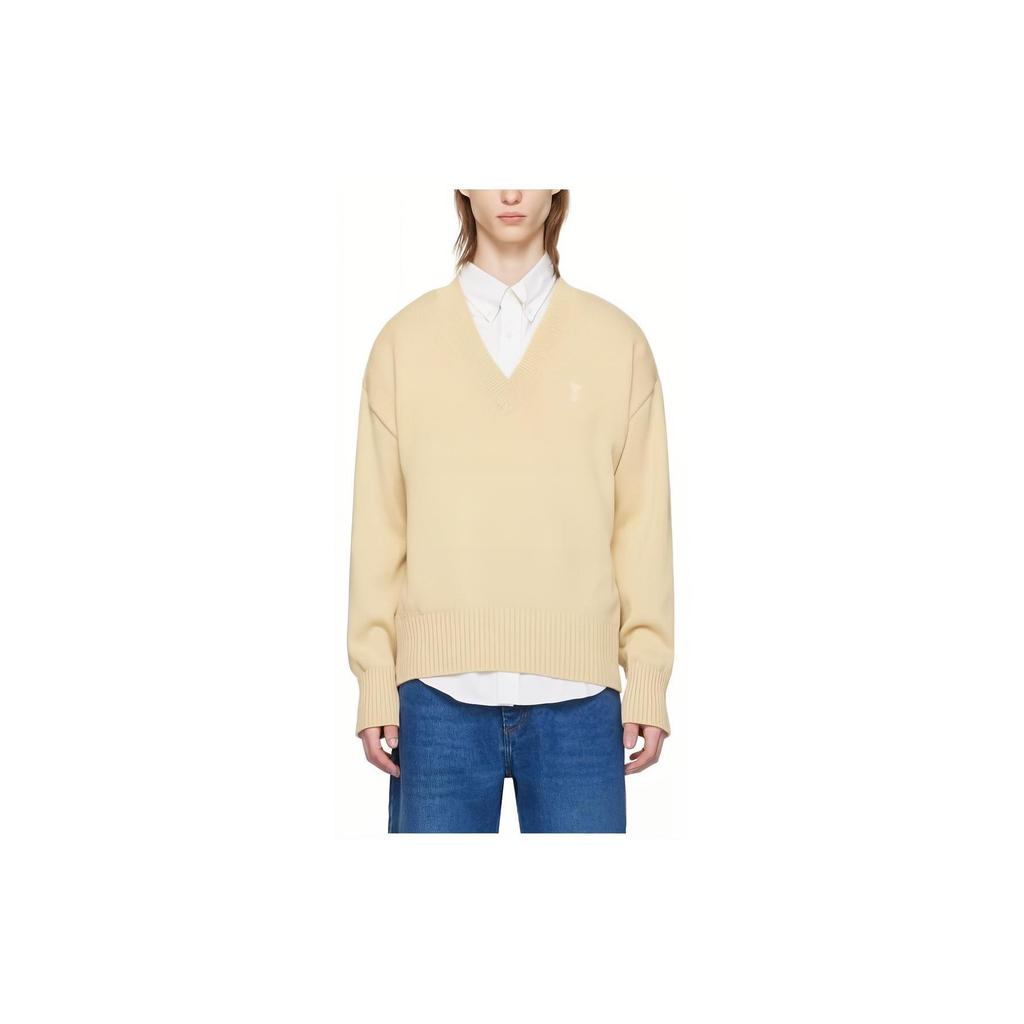 AMIPARIS Solid Color Brand Logo Embroidered V-Neck Drop Shoulder Long Sleeve Sweater Men Sweater Yellow UKS228016721