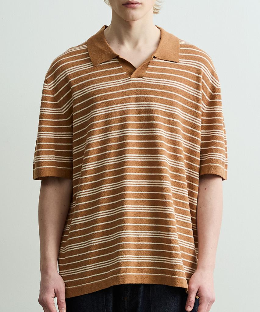 ONNHANS Striped Open Collar Short Sleeve Knit_Soft Terracotta
