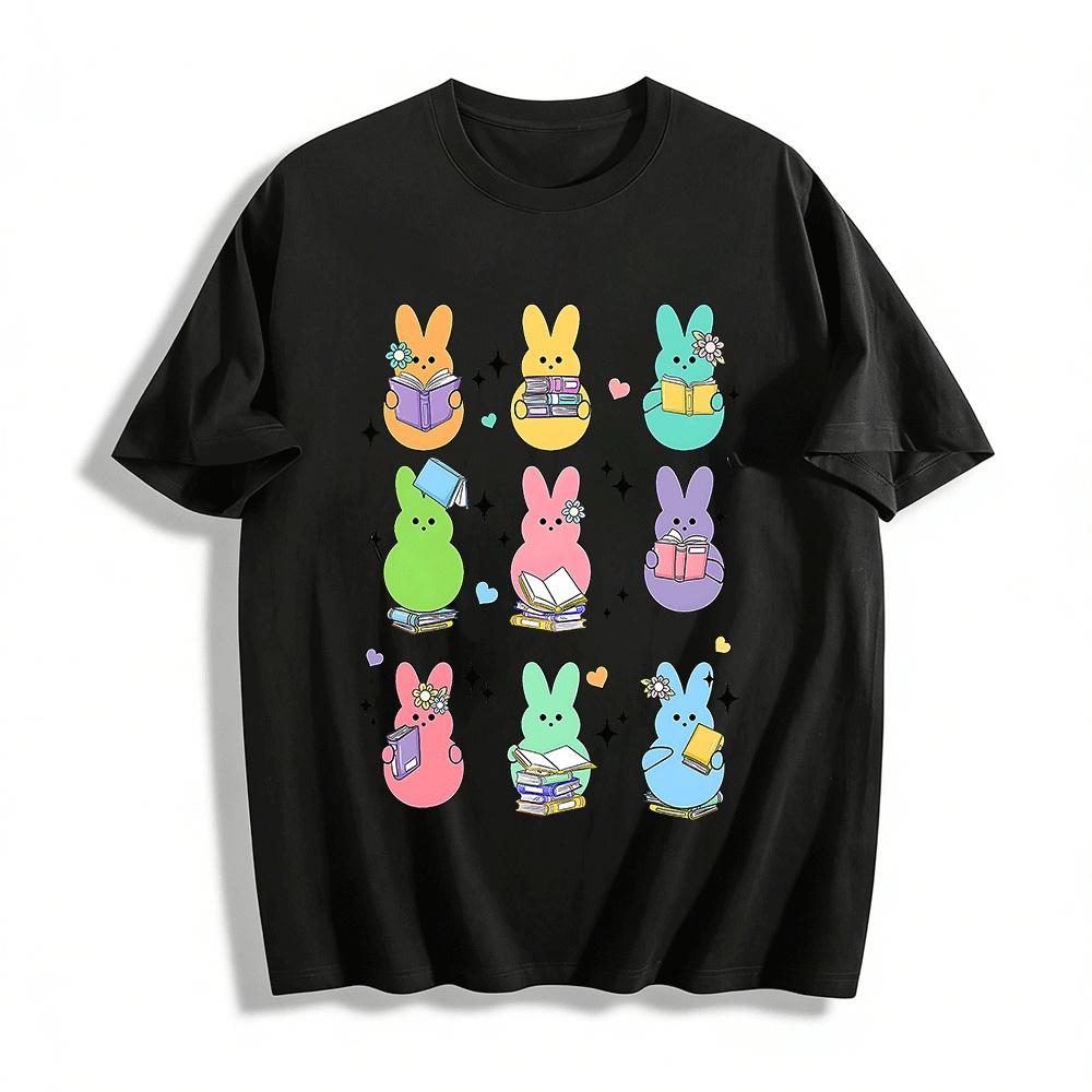 

Cute Book-Loving Bunny Print Casual Top Pure cotton T-shirt XXS