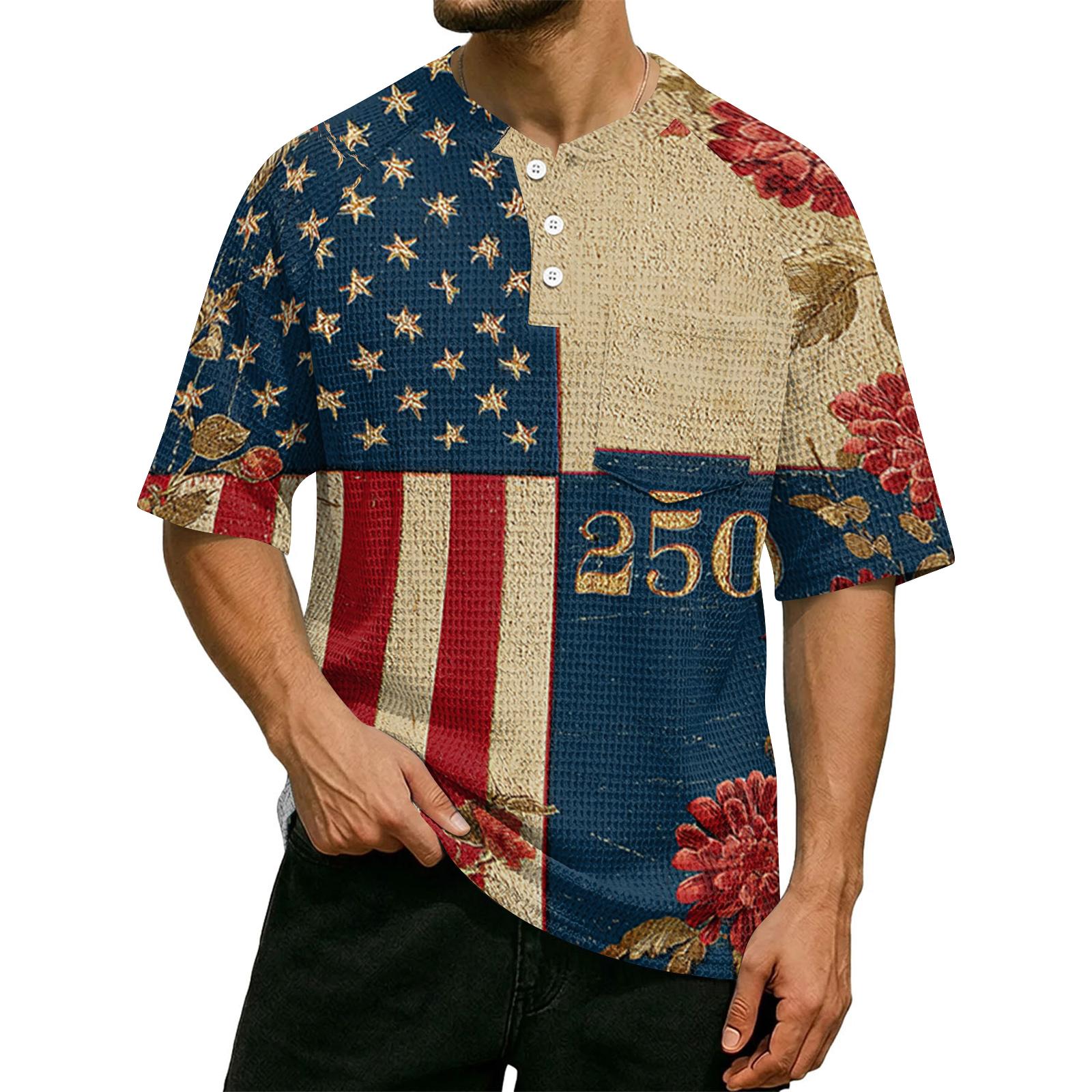 Men s Casual Waffle Knit Short Sleeve Shirt Button Front Patriotic Star Print Lightweight Breathable Summer Top XL