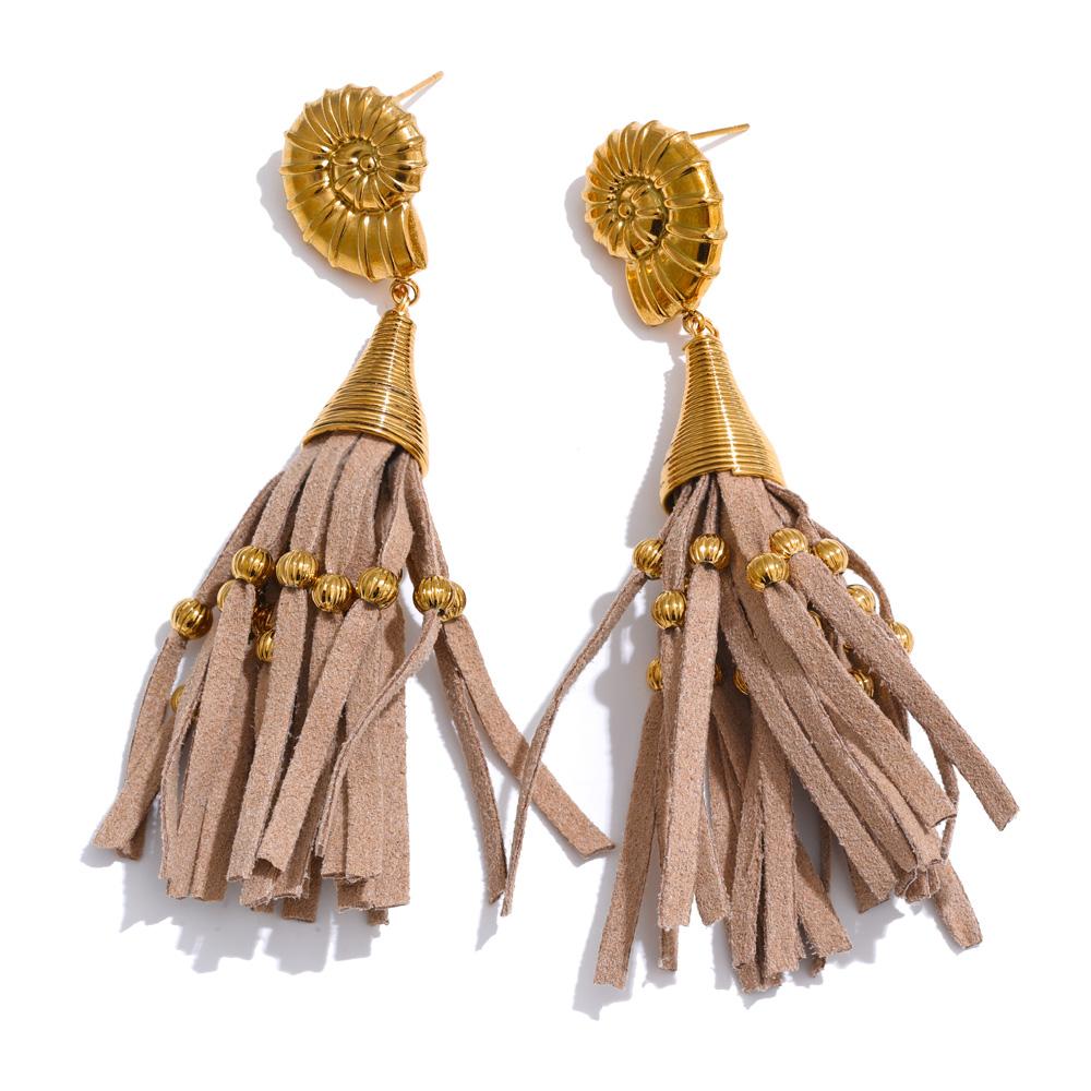

Yhpup Fashion Ocean Shell Stainless Steel Gold Color Coffee Fibre Leather Tassel Drop Dangle Long Earrings for Women 2025