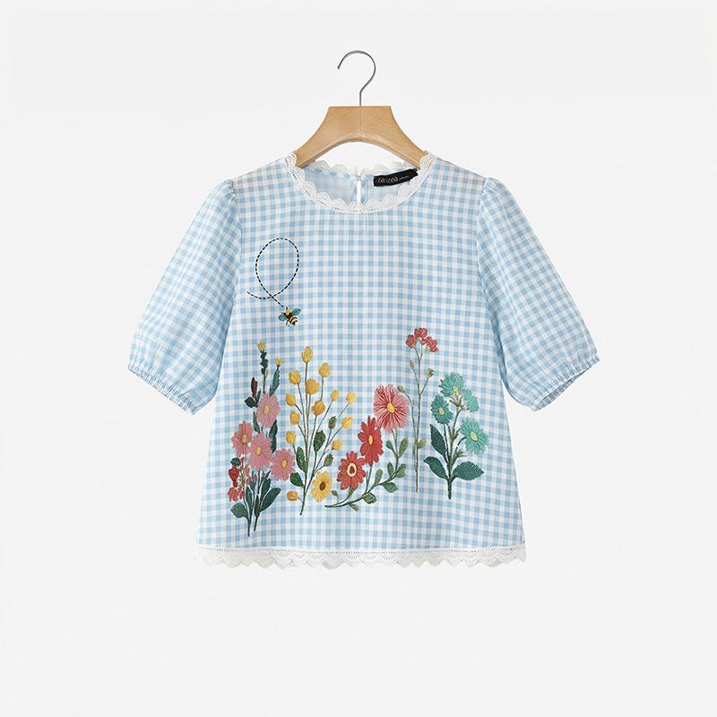 ZANZEA Women Grid Print Casual Round Neck Half Sleeve Blouse