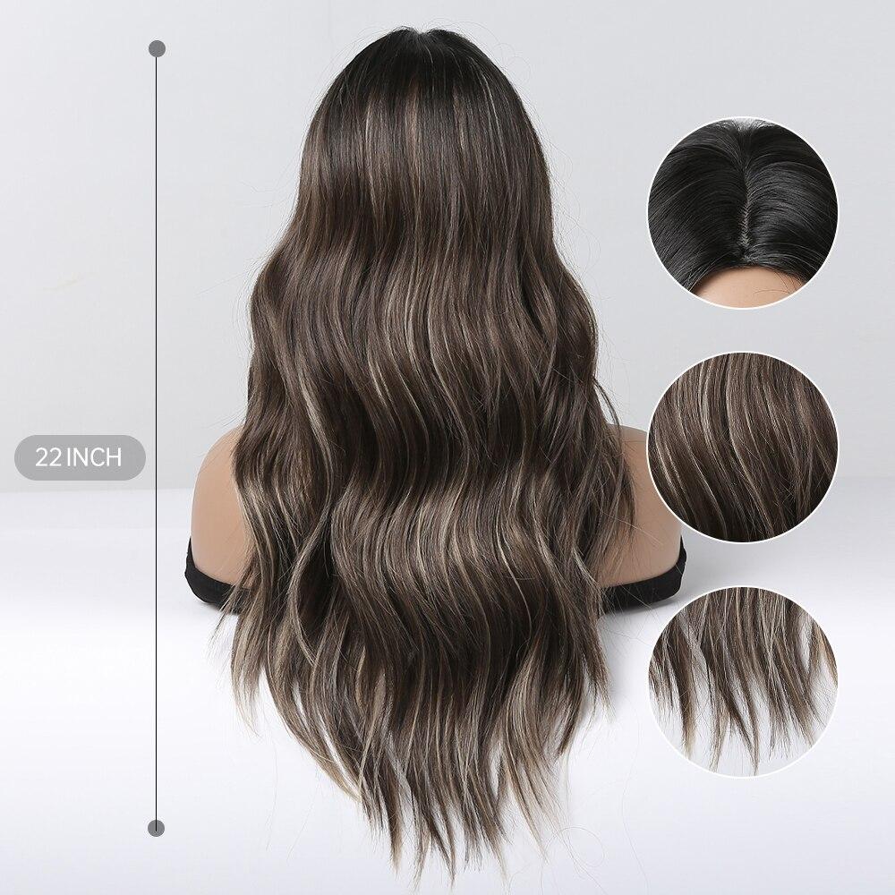 ALAN EATON Long Ombre Brown Synthetic Wig Brown Highlight Middle Part Hair Wig for Women Daily Use Natural Heat Resistant Fiber