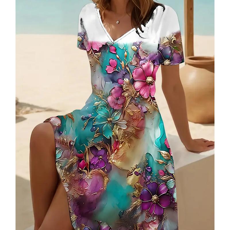 Moda de Verano Vestido de Mujer con Cuello en V Manga Corta Hermoso Estampado de Mariposas Vestidos Sexys Falda Corta