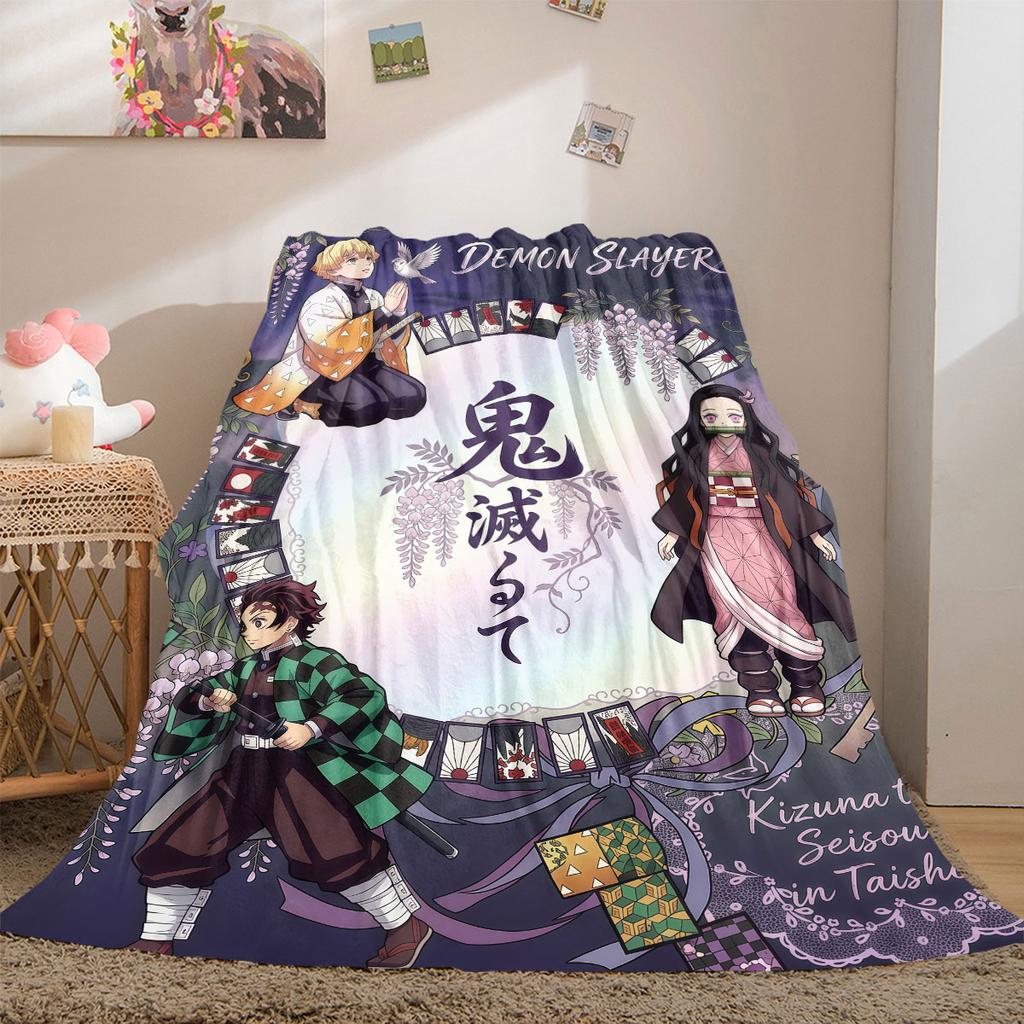 Demon Slayer Deluxe 2D Cartoon Flannel Blanket, Printed Art for Sofa, Soft Bedding for Travel Picnic Rug_LIAN
