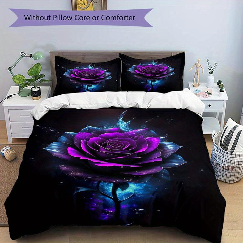 3pcs Purple Rose, Water Splash Bedding Set Soft Polyester Down Comforter Cover and Pillowcases,Home Decoration All Seasons(No Insert) S0819103
