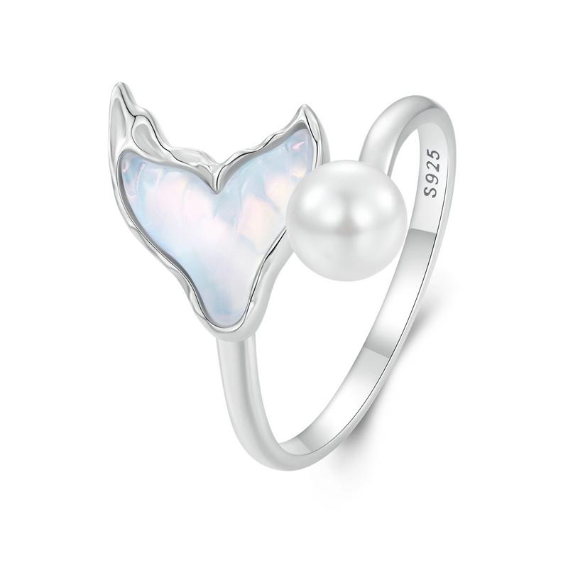 WOSTU 925 Sterling Silver Rainbow Crystal Mermaid Fishtail Pearl Ring For Women Opening Statement Rings Fine Jewelry Party Gift