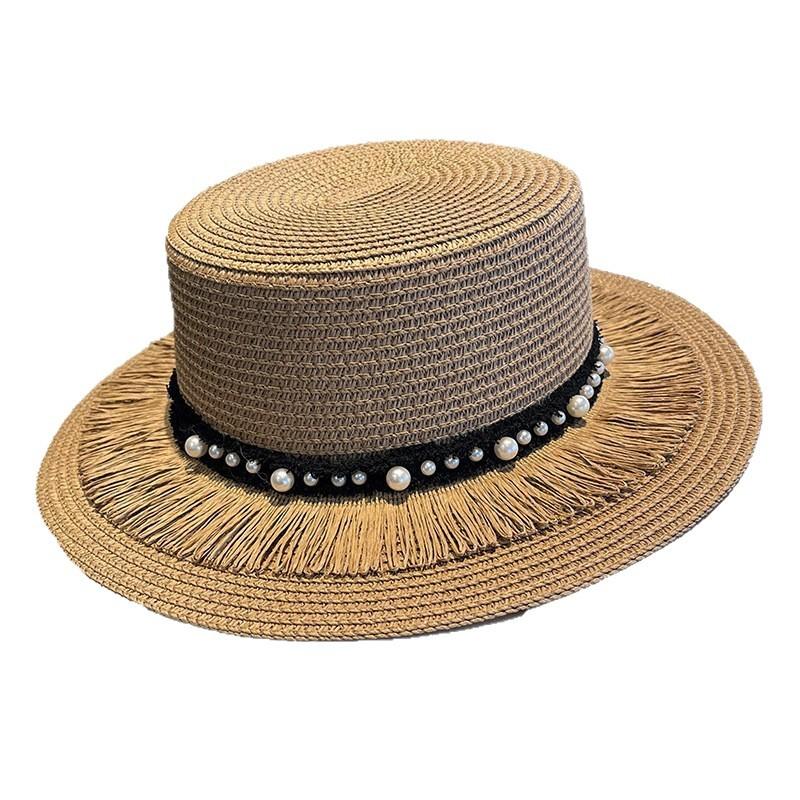 Spring and summer women's new outdoor sun hat big brim pearl flat top straw hat beach vacation sun protection straw hat