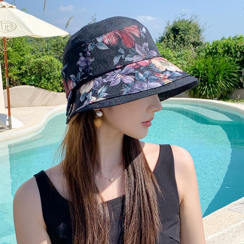 Spring and summer new flower rendering bucket hat large brim showing small face breathable outdoor sunscreen hat sunshade sun hat