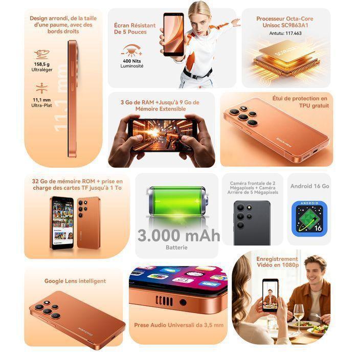 Reacondicionado - Smartphone Mini Blackview WAVE 2C Pantalla 5.0" 12GB(3+9) + 32 GB/hasta 1 TB 3000 mAh Android 16 5 MP Teléfono 4G Doble SIM GPS - Negro