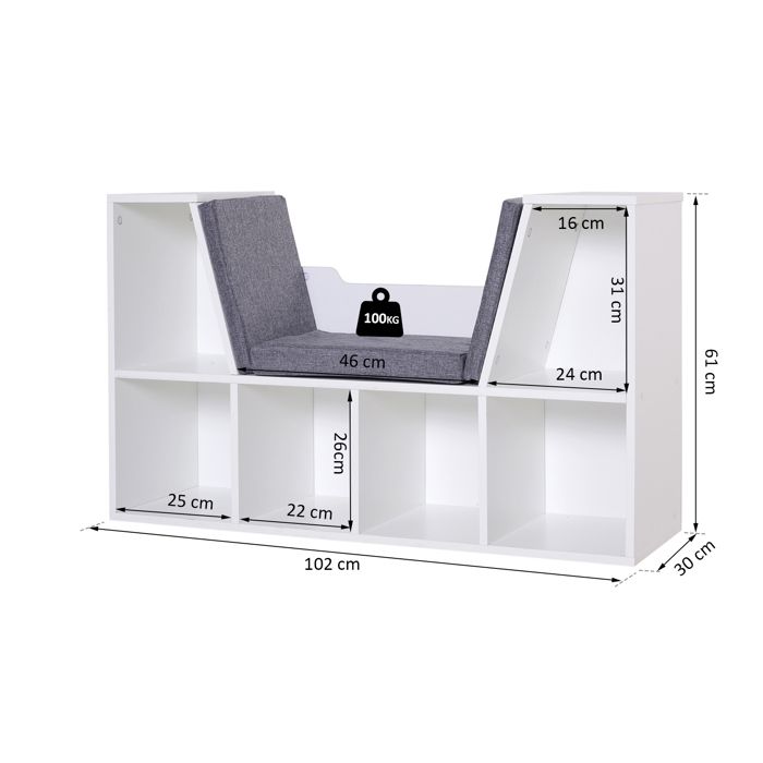 Bibliothèque banc 2 en 1 - HOMCOM - étagère cube 6 compartiments meuble rangement salon - bois - 102x30x61cm - gris