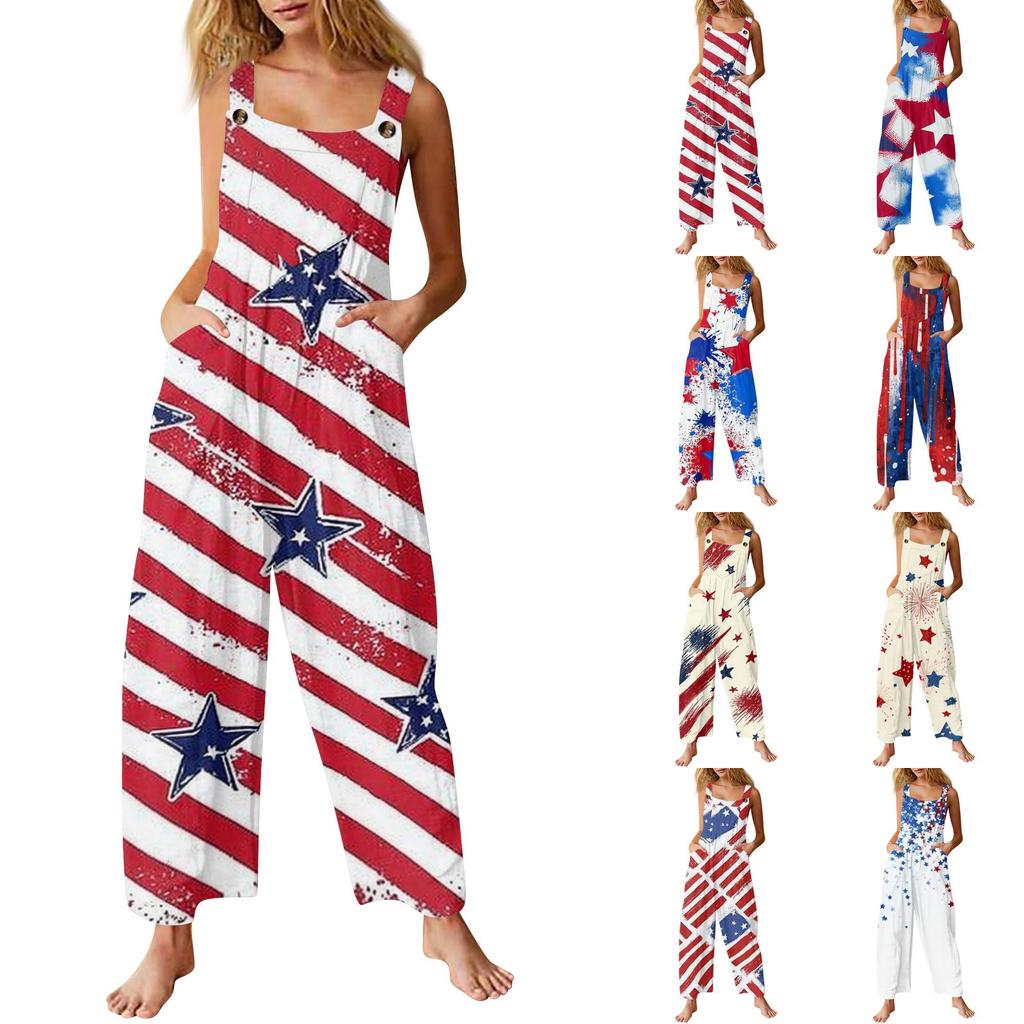 Women Loose Fit Sleeveless Overalls Star Print Casual Wide Leg Jumpsuit Adjustable Strap Pockets Lightweight Bib Pants