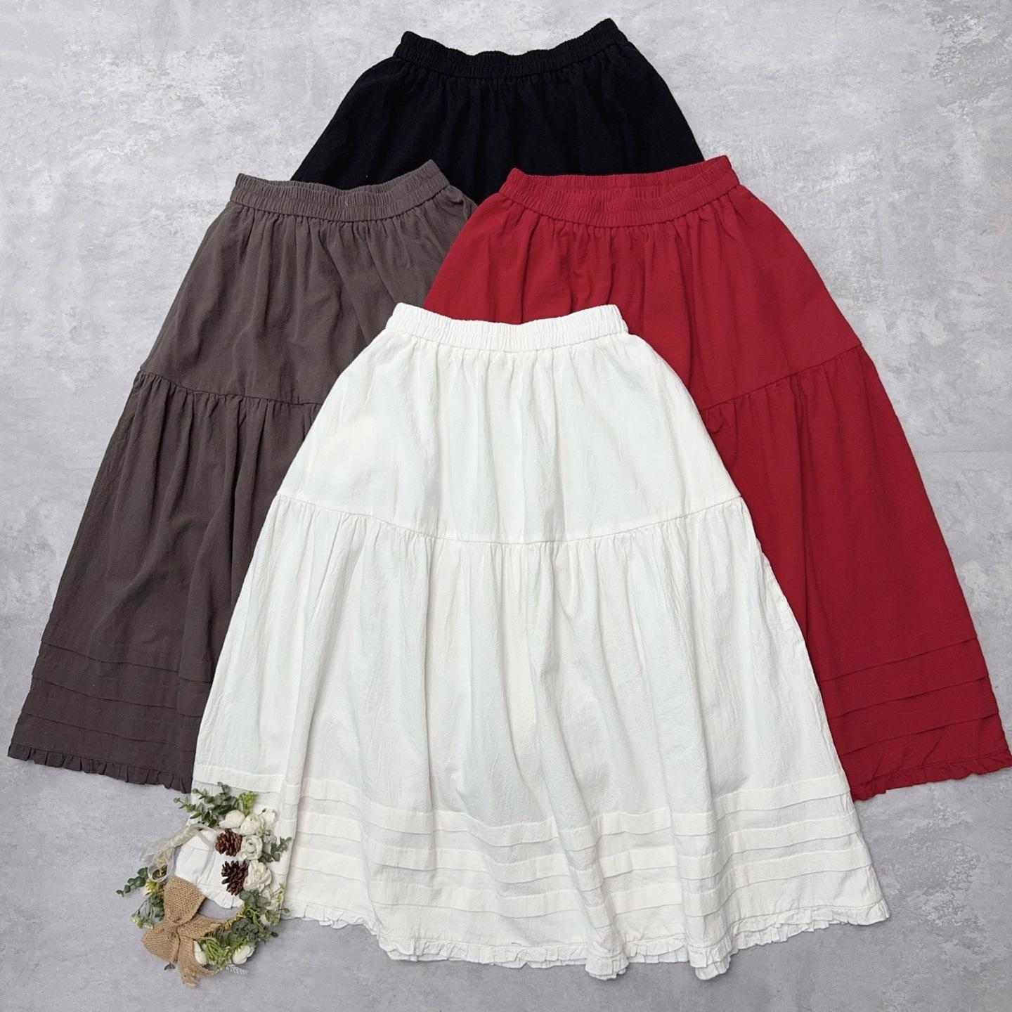 Johnature Casual Simple Pleated Midi Skirt Women Spring Autumn Loose Versatile Elastic Waist Skirts One Size красный