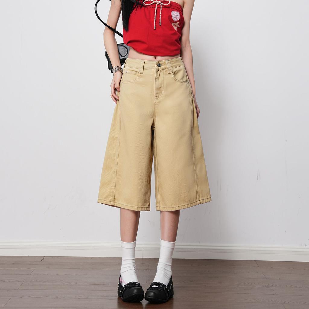 Fashion Bright Red High Waist Straight Wide Leg Cropped Capri Denim Pants For Women Loose Fit Trendy Versatile Slimming FigureFlattering Capri Pants