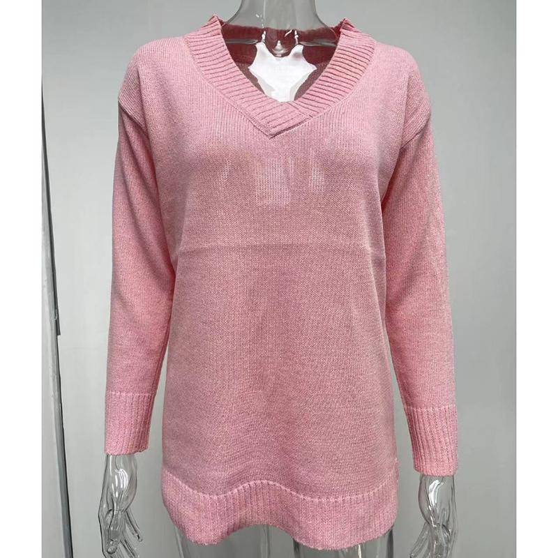 Suéter de Punto de Manga Larga Suelto de Otoño e Invierno con Cuello en V Fino Talla Grande para Mujer Color Sólido Suéteres Tops Casual Cálido Ropa de Punto para Mujer 24773