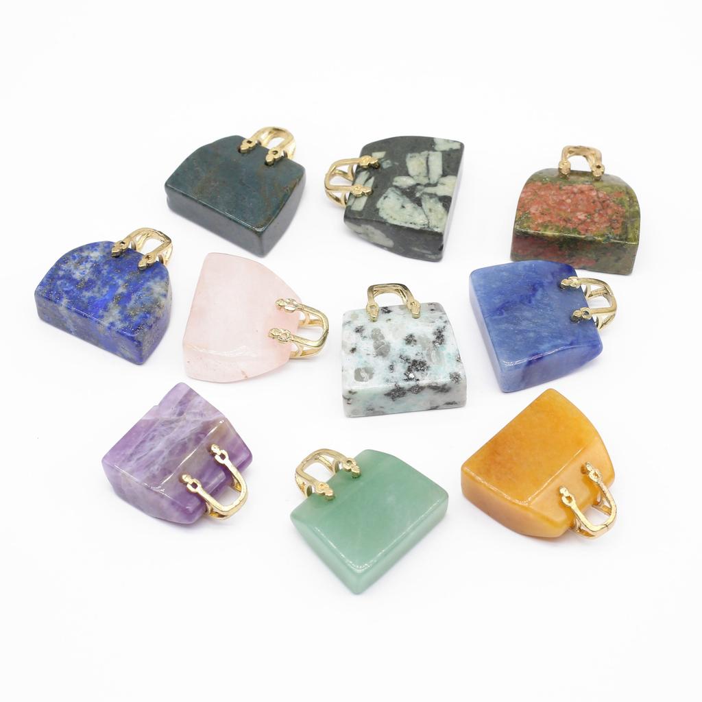 1Pc, Reiki Healing Crystal Carved Handbag Ornament Decoration, Mini Fashion Natural Stone Amethyst Agate Gemstone Home Decor Jewelry Gifts 27×25mm