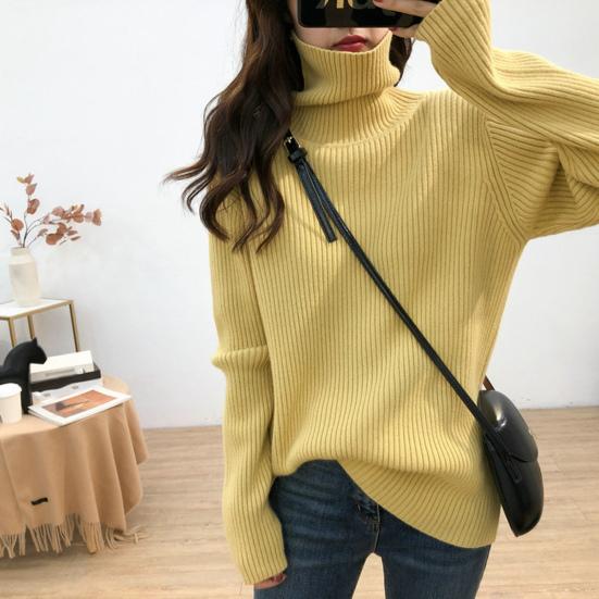 Frauen Herbst Winter Einfarbig Pullover Rollkragen Langarm Rippen Gestrickte Pullover Tops Lose Fit Strickwaren