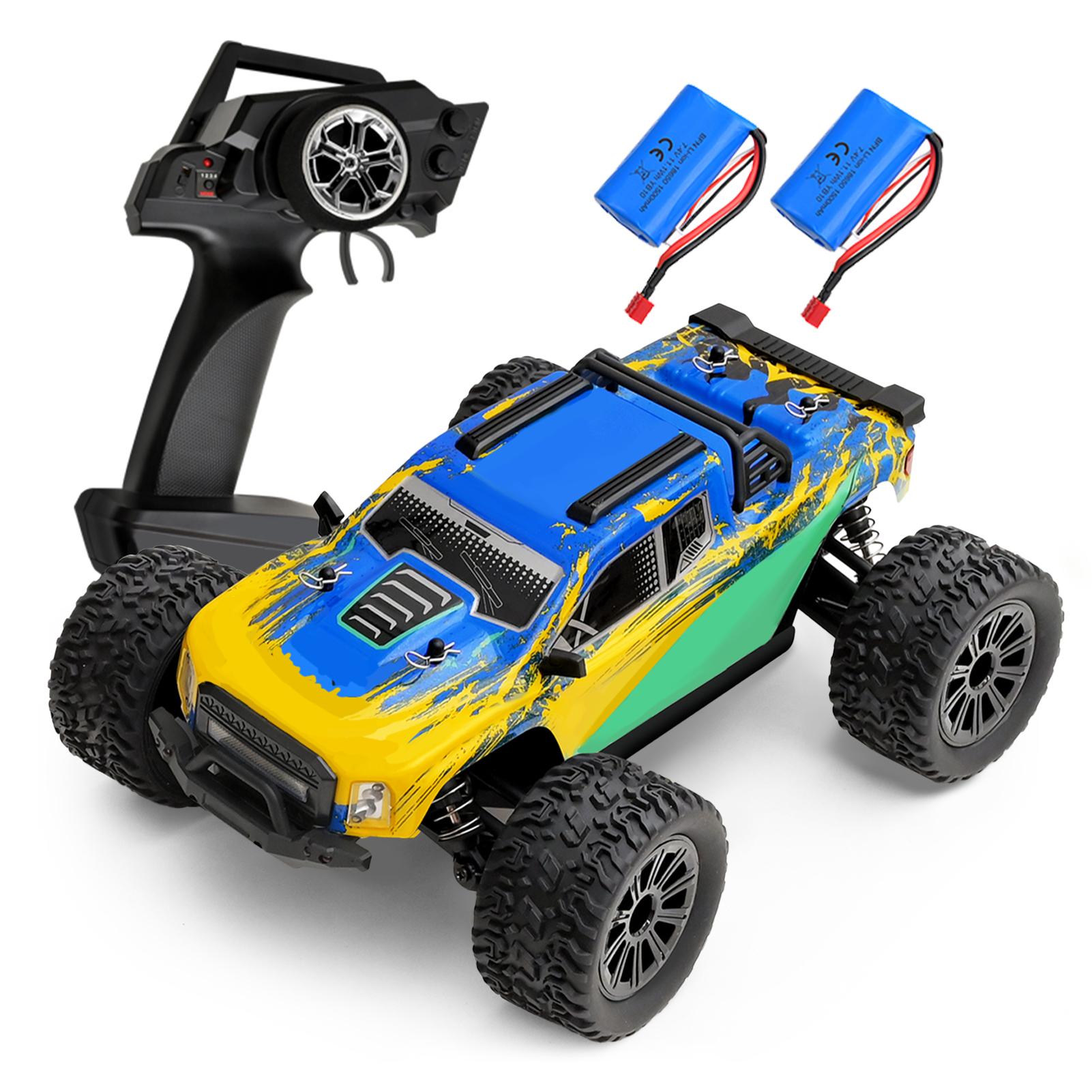 

1 16 Scale RC Car, 2.4GHz 35KM H High Speed Electric 4WD Off Road Remote Control Truck with LED Lights, All Terrain RC 2xBatteries синий