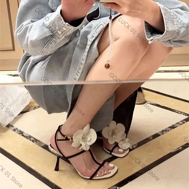 Fashion Flower T-Tied Women's Sandals Square Toe Stiletto Side Air Slingback High Heel One Word Belt Buckle Strap Elegant Shoes Wedding