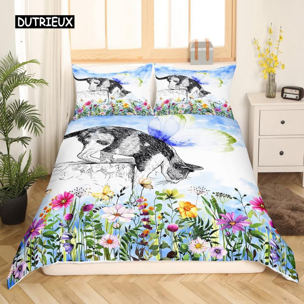 White Cat Flower King Queen Duvet Cover Kitten Bedding Set Pet Animal Polyester Quilt Cover Girls Pink Floral Comforter Cover