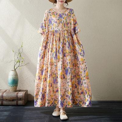 Short Sleeve Plus Size Cotton Vintage Floral New In Dresses for Women Casual Loose Long Summer Dress