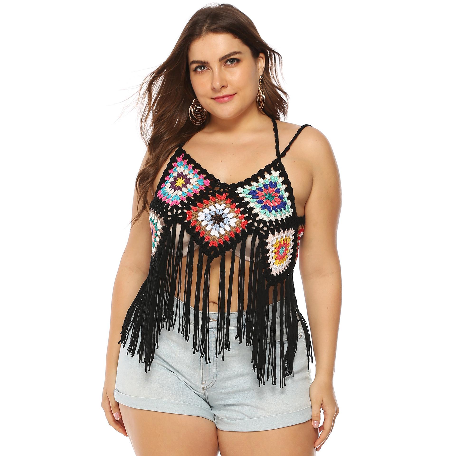 

Летний женский топ на бретельках больших размеров в этническом стиле, длинные топы без рукавов с кисточками и завязками One Size чёрный