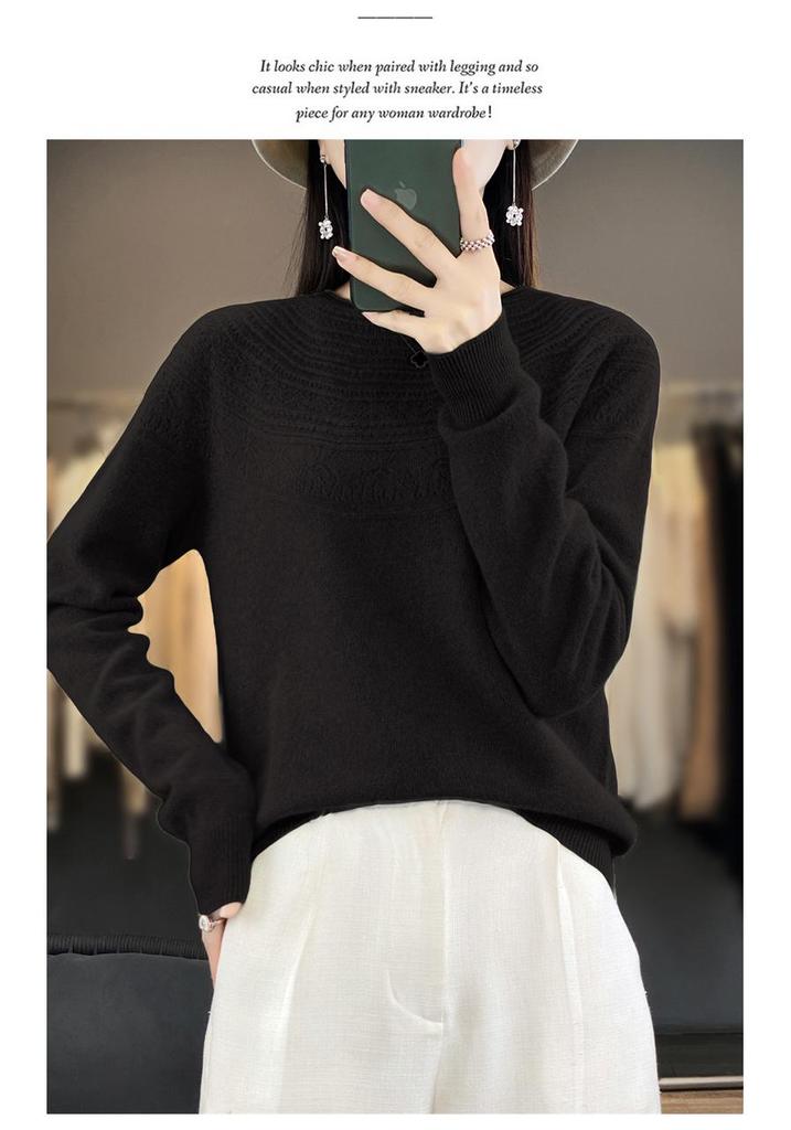 Women's Round Neck Hollow Out Wool Knit Sweater - Slimming Seamless Long Sleeve Pullover