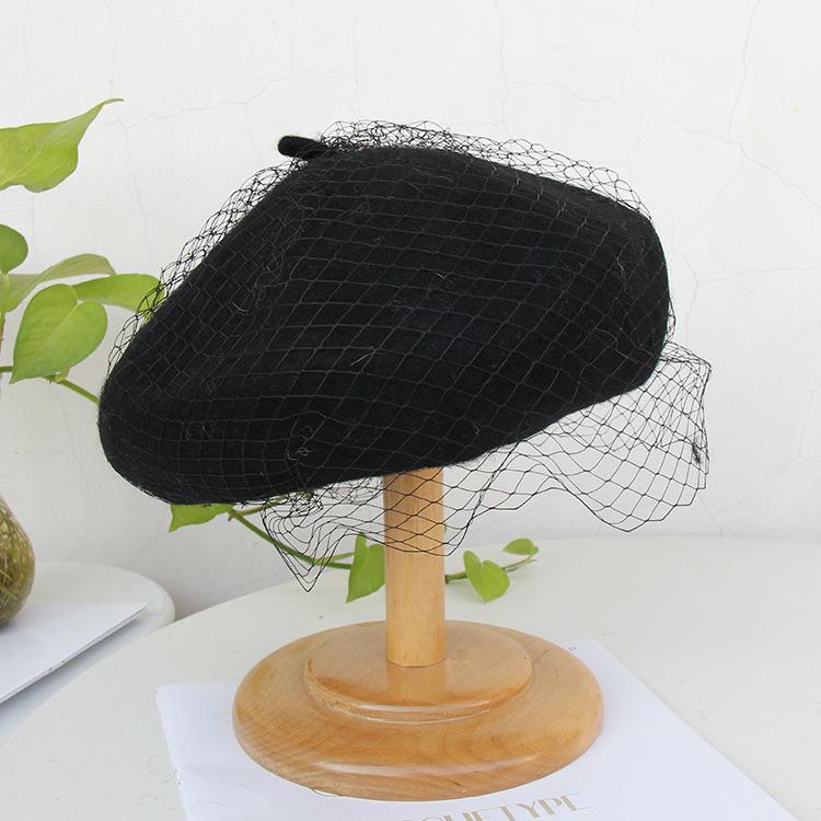 Autumn And Winter Woolen Painter Hat British Retro Lace Mesh Beret Women'S Elegant Fashion Hat