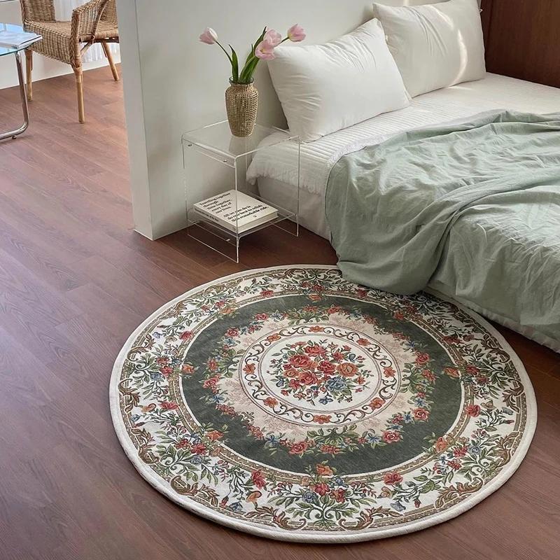 European Pastoral Style Carpets for Living Room Vintage Bedroom Decor Round Carpet Washable Plush Mat Fluffy Soft Lounge Rug