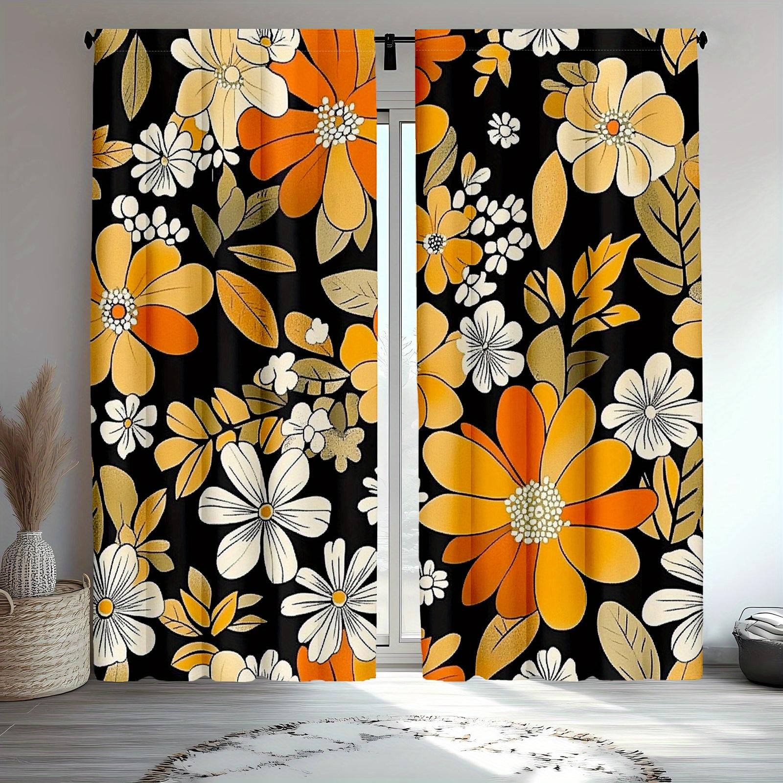 

2Pcs Groovy 70S Boho Floral Blackout Curtains, Traditional Orange Flower Design, Semi-Sheer Polyester Rod Pocket Drapes For Livi 53x116cm 2pc21x46in&Without mount