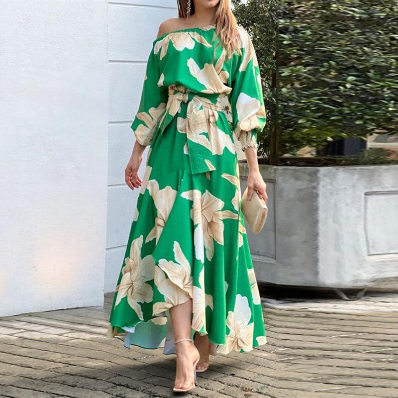 Spring 2026 Elegant Plus Size Off-the-Shoulder Printed Dress - European & American Women's Fashion