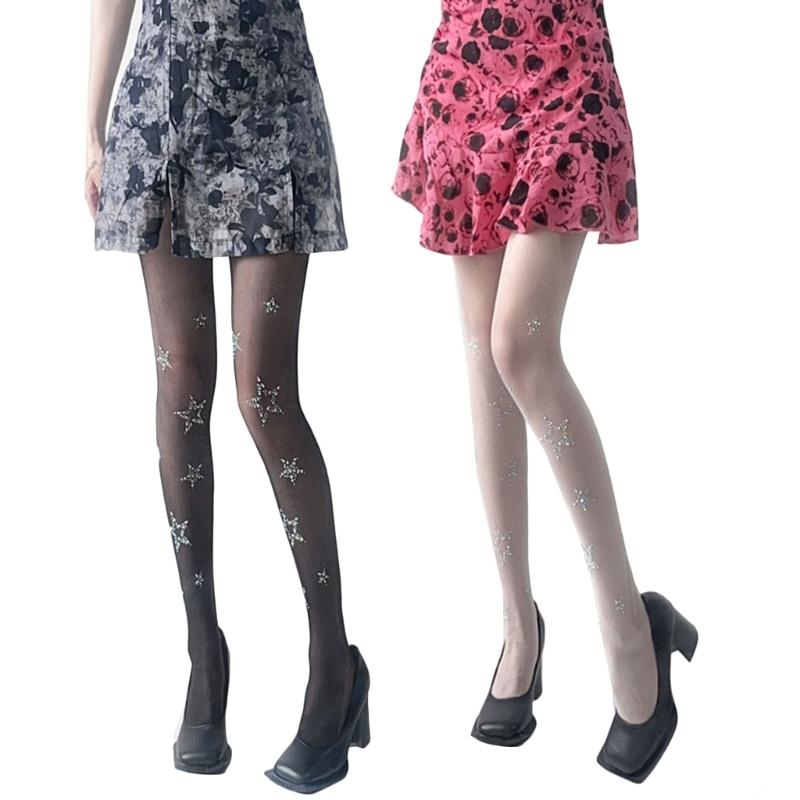 Black Sock Leggings Pantyhose Comfortable Seamless-Sheer Tight Star Print Rhinestone-Stockings for Women Girl Teen