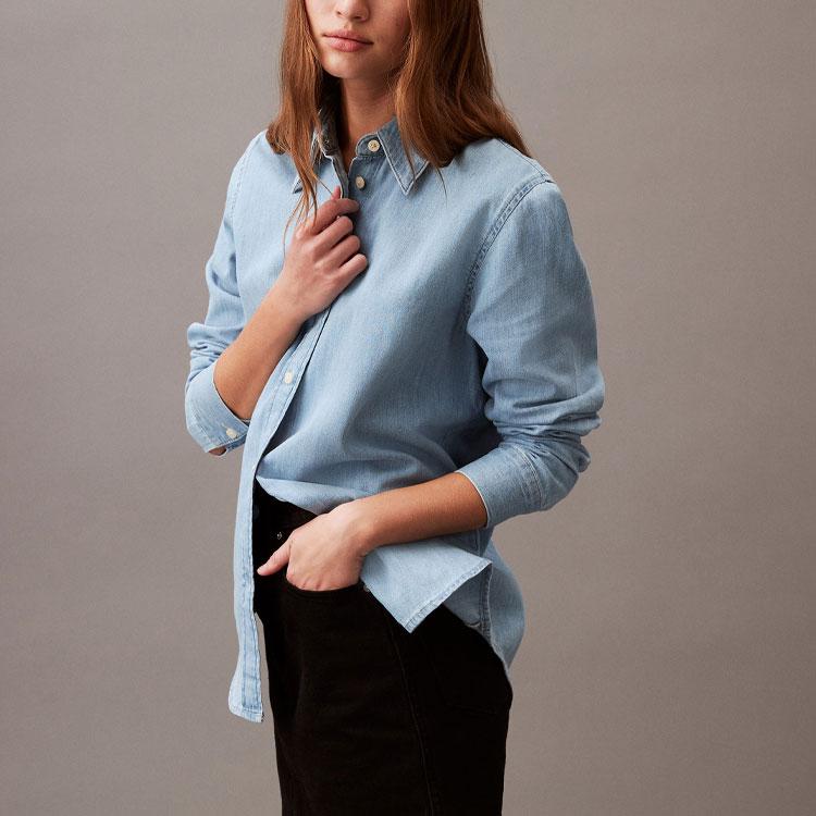 Calvin Klein Solid Color Spliced Comfortable Pointed Collar Long Sleeve Shirt Women Shirts Blue 40840WP-450