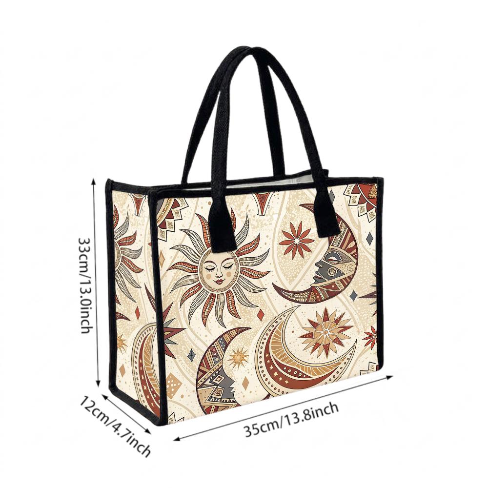 Bohemian Sun Moon Print Tote Bag Large Capacity Casual Daily Shoulder Handbag for Shopping Travel