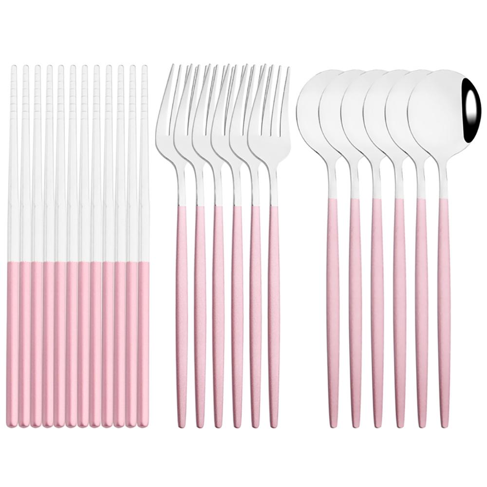 Luxury Chopsticks Knife Fork Spoon Cutlery Set 18/24 Pcs White Gold Dinnerware Set Stainless Steel Flatware Korean Tableware Set