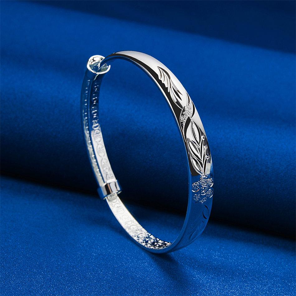 Charming 925 Sterling Silver Exquisite Floral Pattern Bangle for Women, Fashionable Wedding Party Jewelry