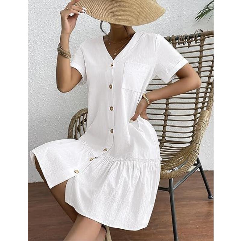Women's Summer Cotton Linen Dress, Loose Button Down V Neck Short Sleeve Ruffle Hem Casual Dress with Pockets