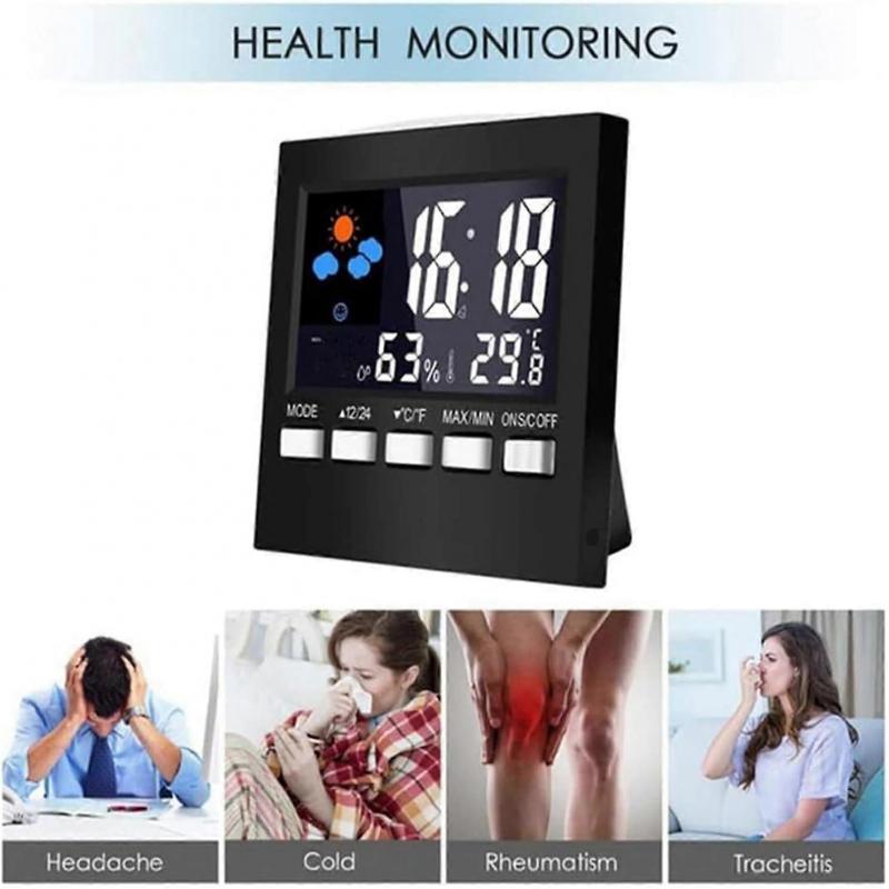 Cute Little Digital Alarm Clock Weather Bedside Clocks Time Temperature Humidity 12/24H for Home Bedroom Office