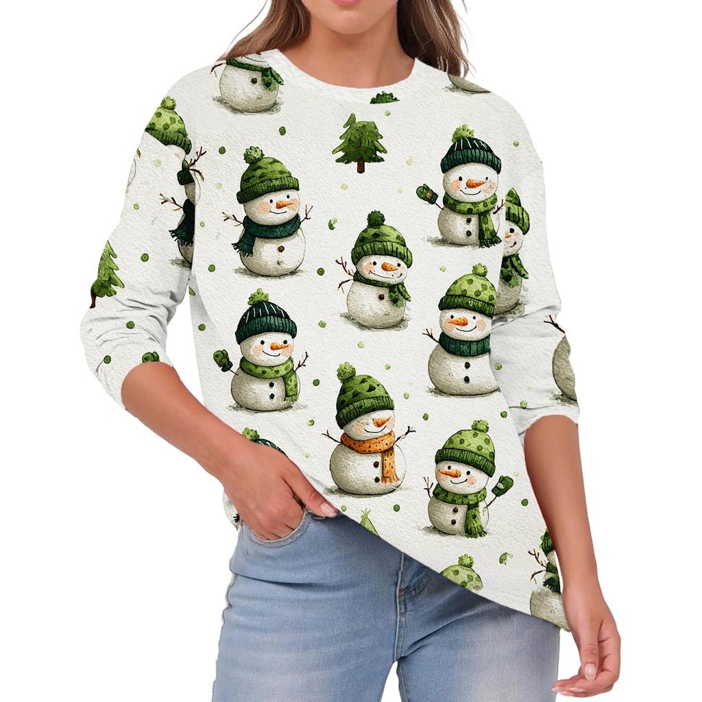 Damska Moda Casual Świąteczny Nadruk Okrągły Dekolt Jednolity Kolor Długi Rękaw Top