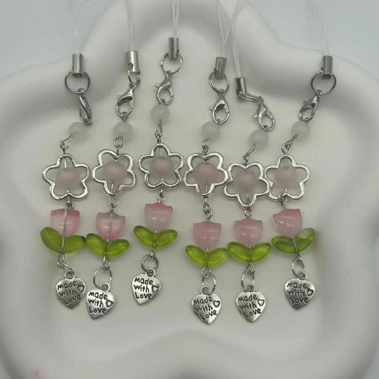 Lovely Phone Charm Colorful Beaded Keychain Acrylic Alloy Keyring Bag Accessory